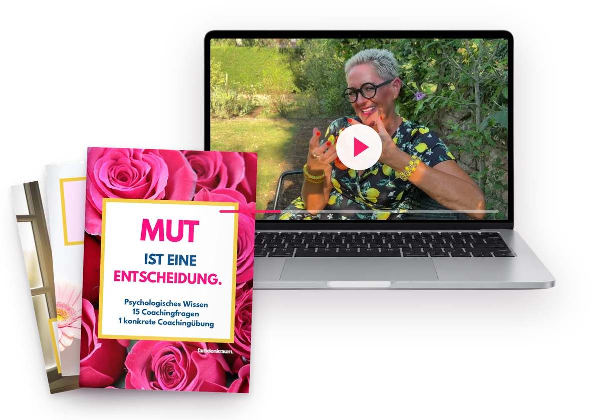 Das MUT-Special: Marens Video auf einem Laptop und das PDF „Mut ist eine Entscheidung“ mit aufgefächerten Seiten