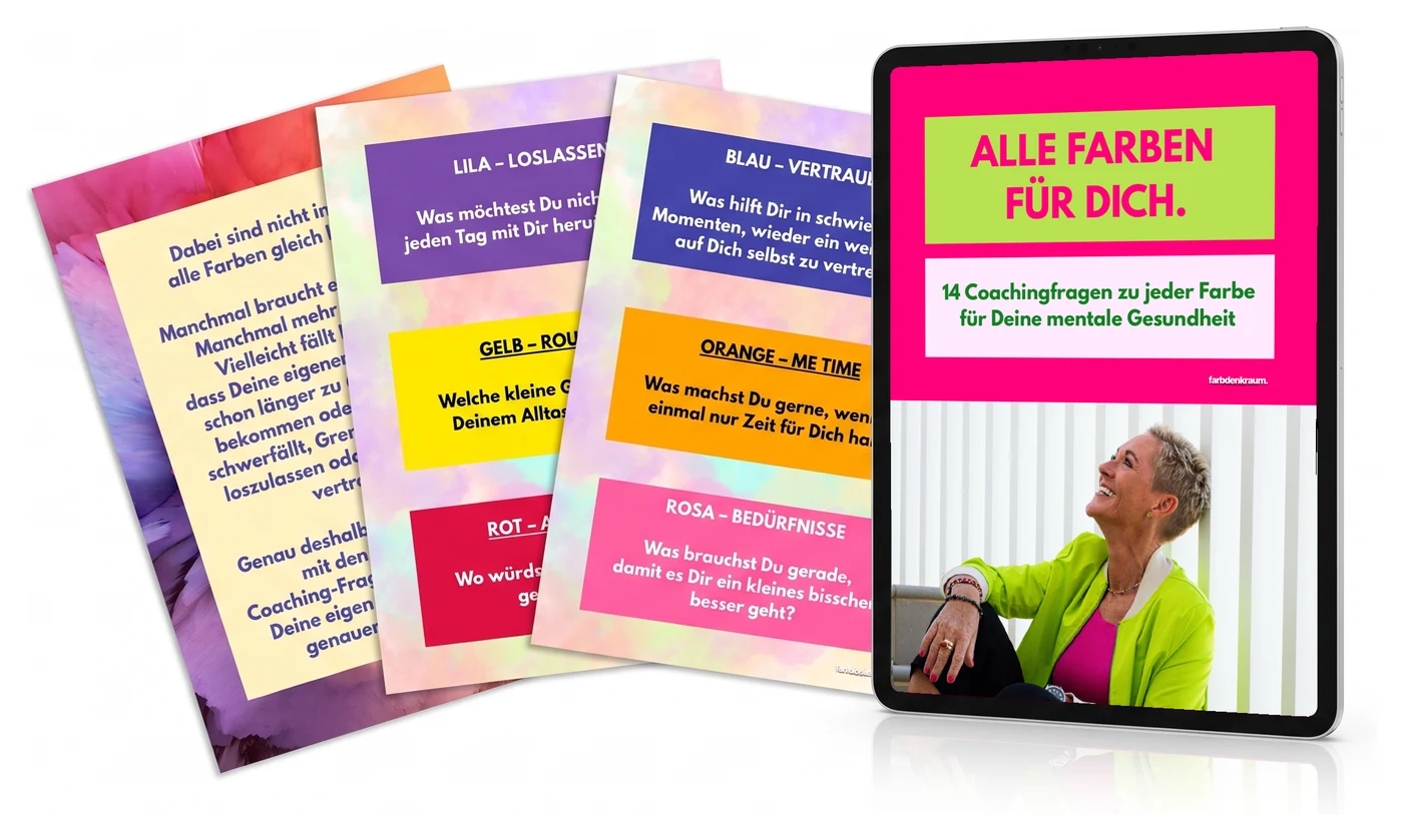 Das PDF „ALLE FARBEN FÜR DICH.“ auf einem Tablet und als aufgefächerte Seiten